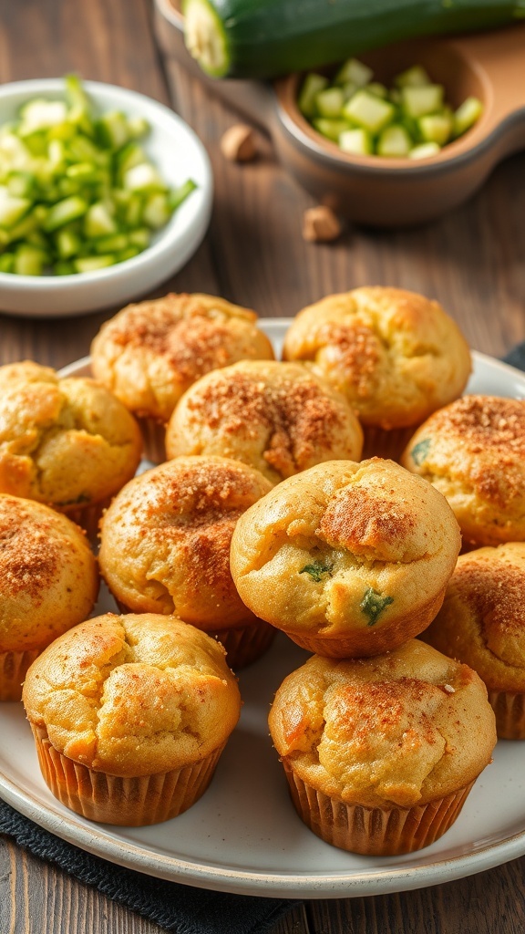 Freshly baked zucchini bread muffins on a plate, with a rustic kitchen background.